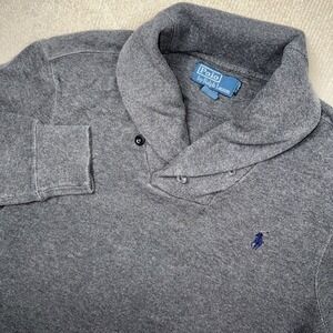 Polo Ralph Lauren Sweater Mens Med Gray Shawl Collar Button Long Sleeve Pullover